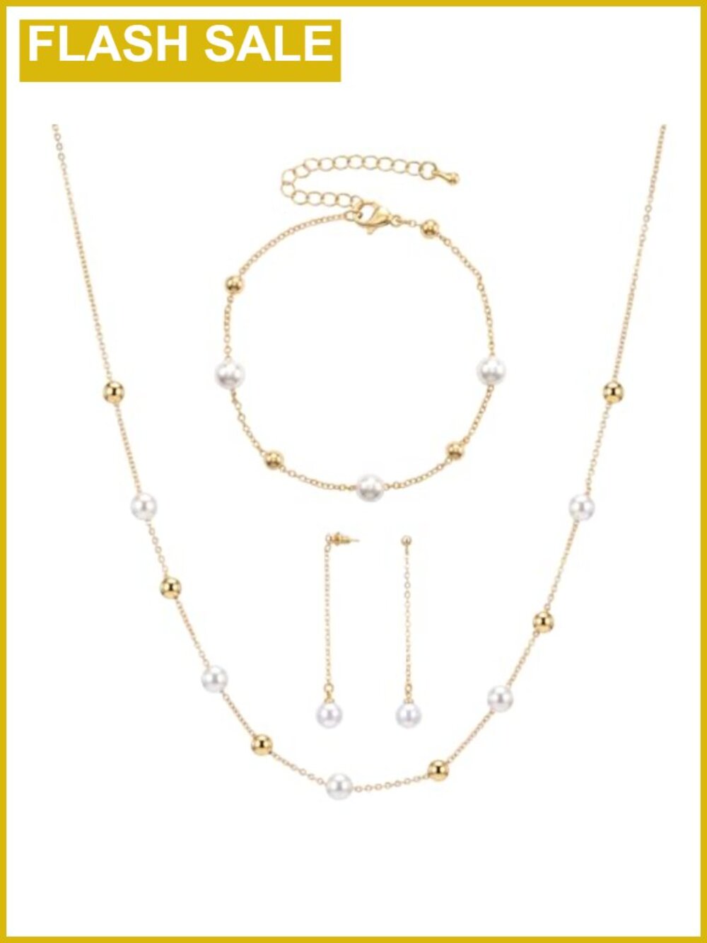 Pearl Jewelry Set Women Drop Earrings Necklace Bracelet Gold Plated